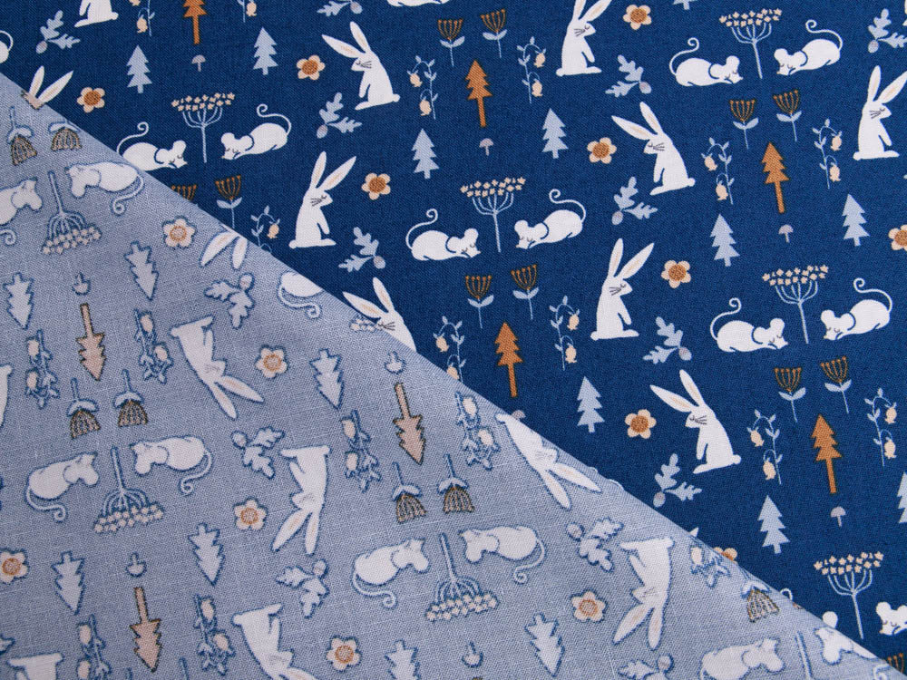 Webware Baumwolle Patchwork - Hasen und Mäuse - blau