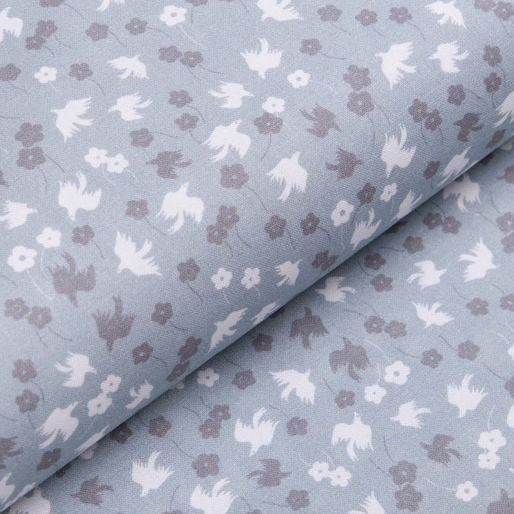 Webware Baumwolle Patchwork - Vögel und Blümchen - grau