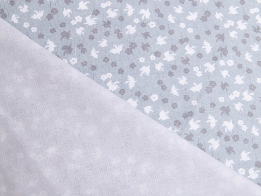 Webware Baumwolle Patchwork - Vögel und Blümchen - grau