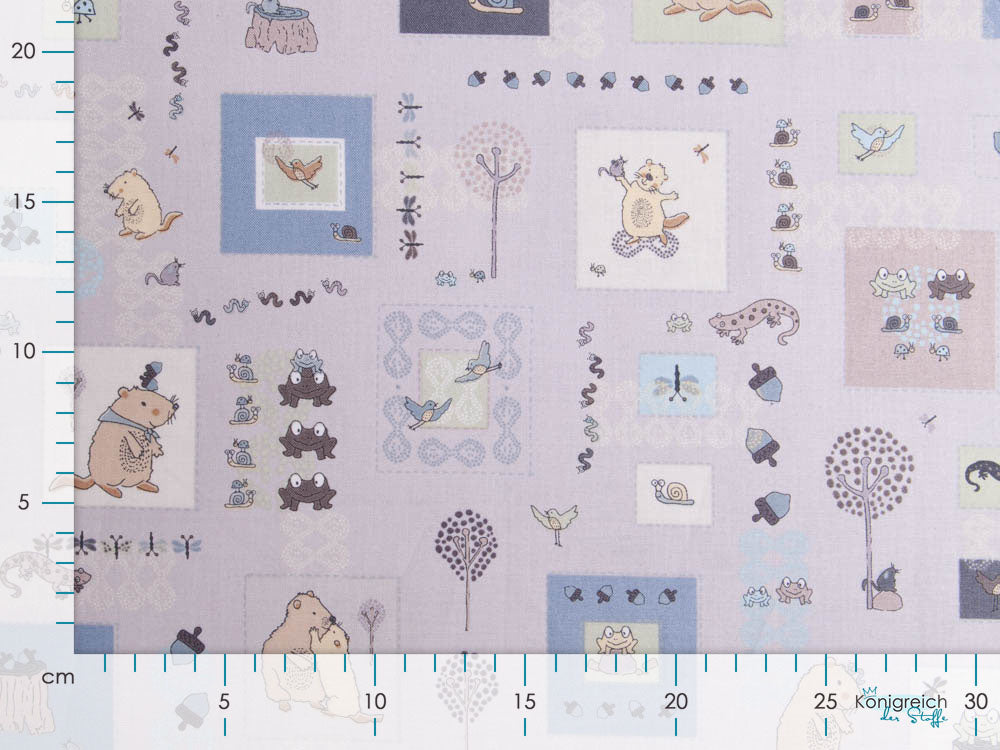 Webware Baumwolle Patchwork - niedliche Waldtiere - grau