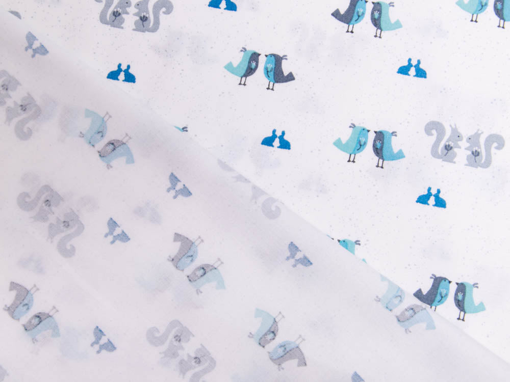 Webware Baumwolle Patchwork - Waldtiere - weiß / blau