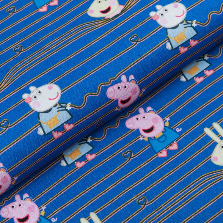Webware Popeline Baumwolle Digitaldruck Peppa Wutz - Peppa und ihre Freunde auf Streifen - blau