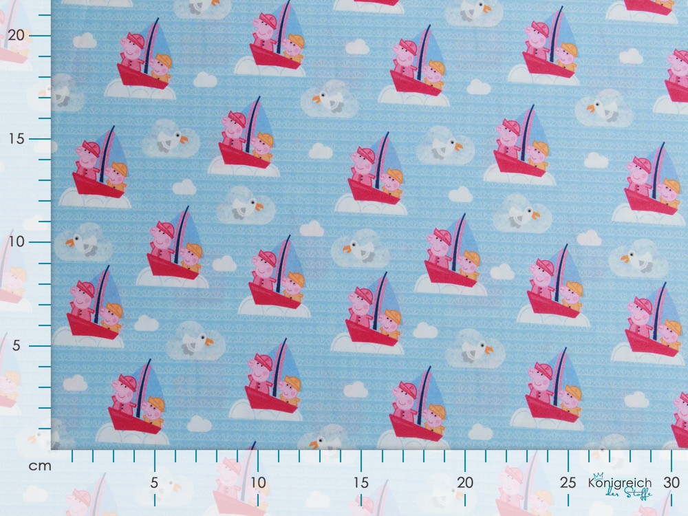 Webware Popeline Baumwolle Digitaldruck Peppa Wutz - auf Seefahrt - helles blau