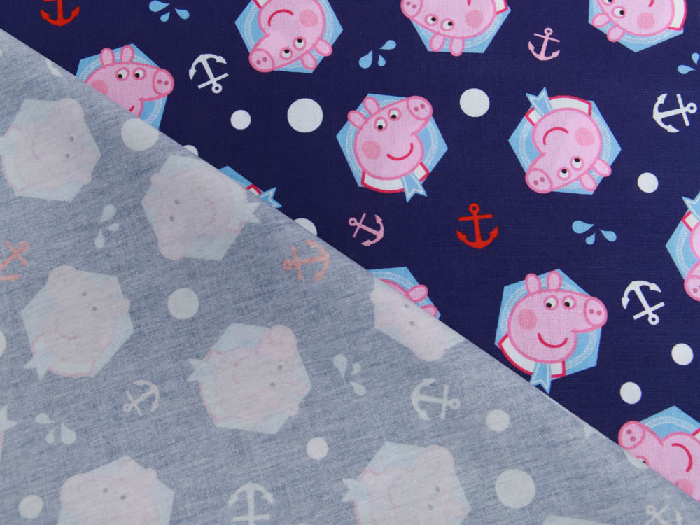 Webware Popeline Baumwolle Digitaldruck Peppa Wutz - Peppa und Anker - dunkles blau