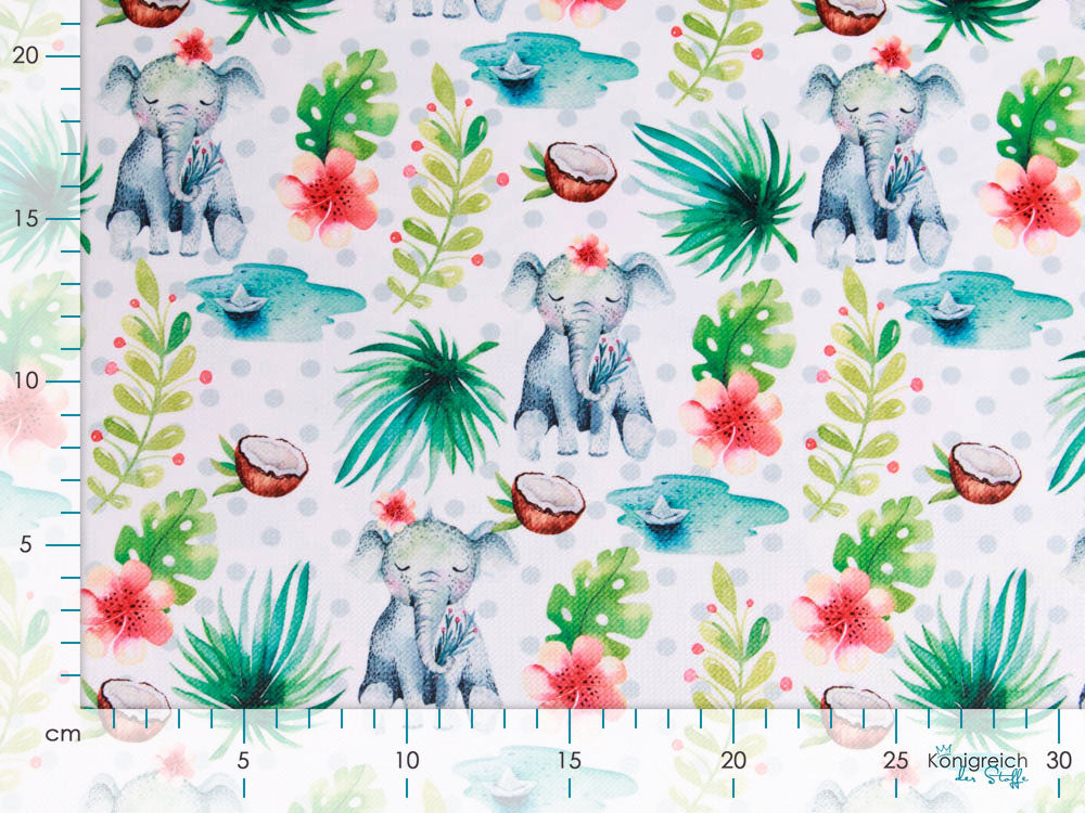 Struktur Velvet - Elefanten und Palmenblätter - weiß