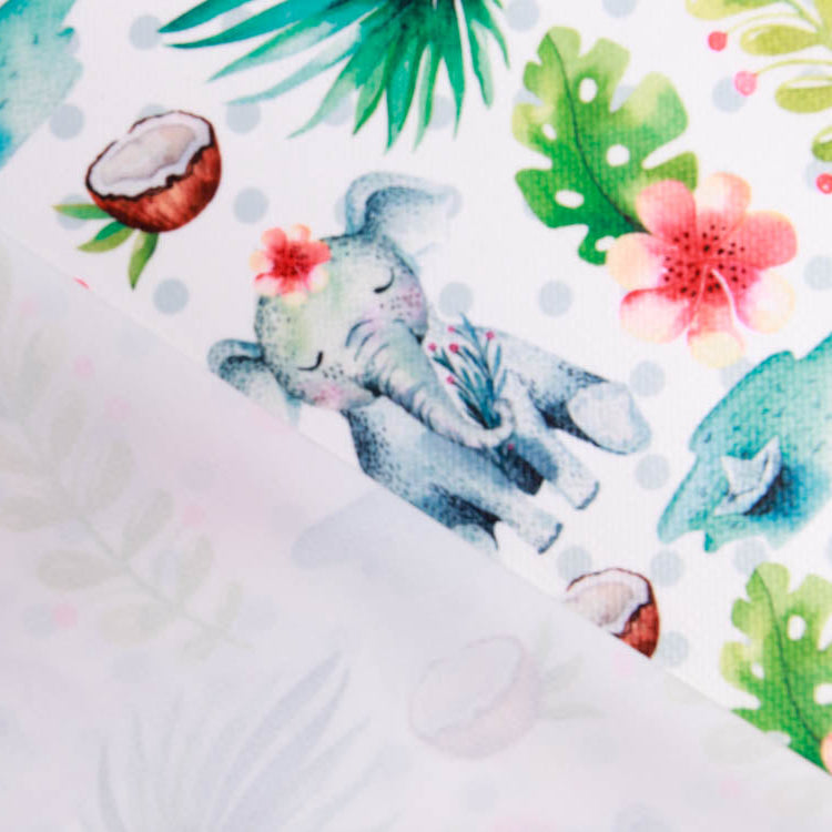 Struktur Velvet - Elefanten und Palmenblätter - weiß