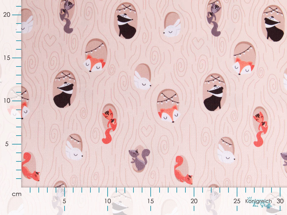 Struktur Velvet - Schlafende Waldtiere in Baumhöhlen - beige