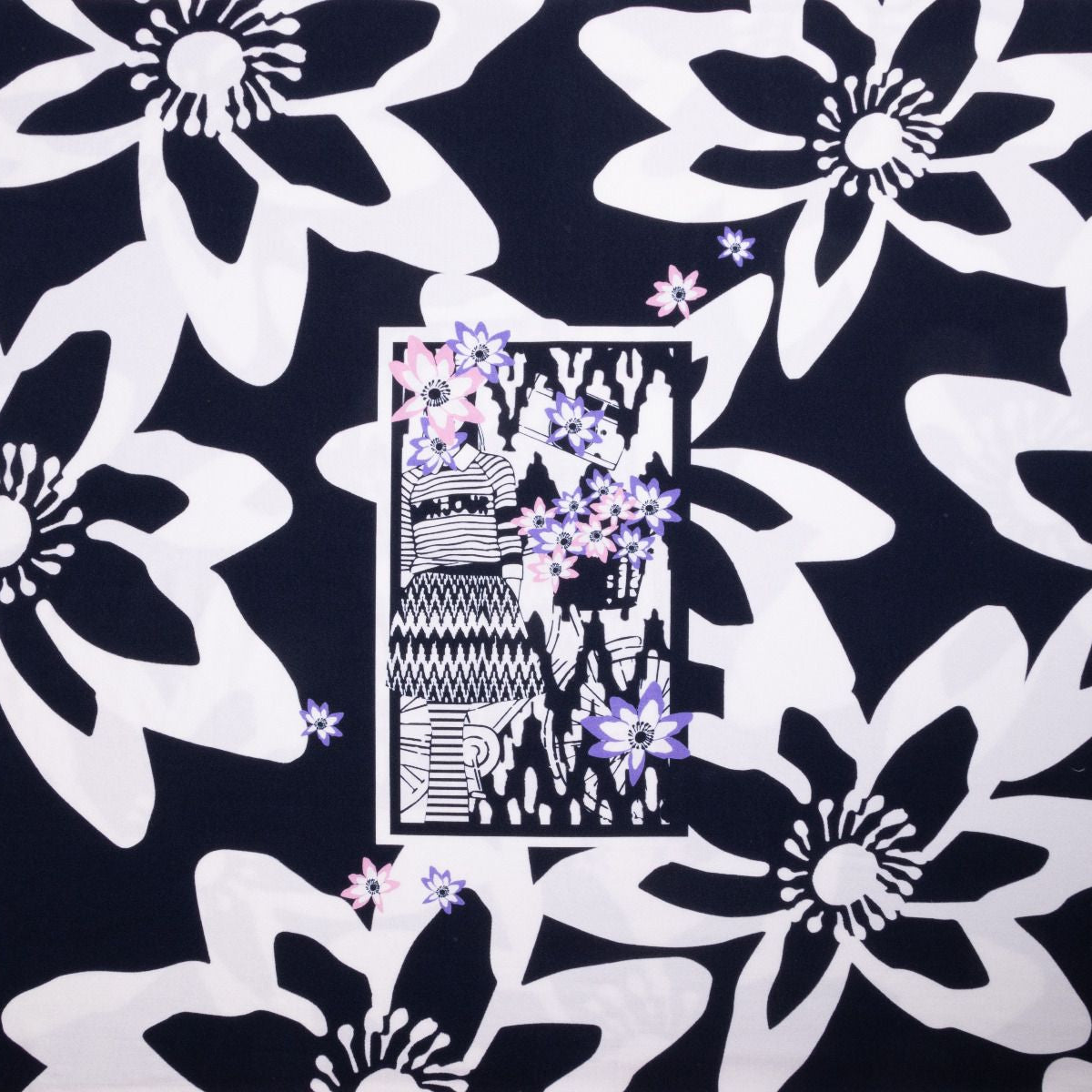 Jersey Viskose PANEL ca. 70cm x 155cm - Dame mit Blumenkopf - nachtblau/weiß/rosa/lila