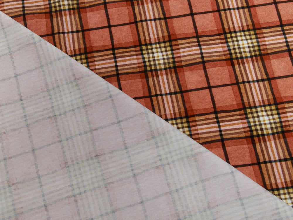 Jersey Swafing Lets`s Rain again - Karos 2,5 cm x 2,5 cm - terrakotta