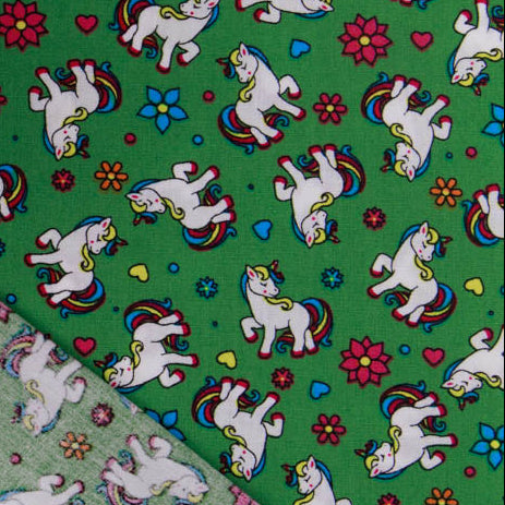 Webware Baumwolle Popeline - Einhörner und Blumen - grün