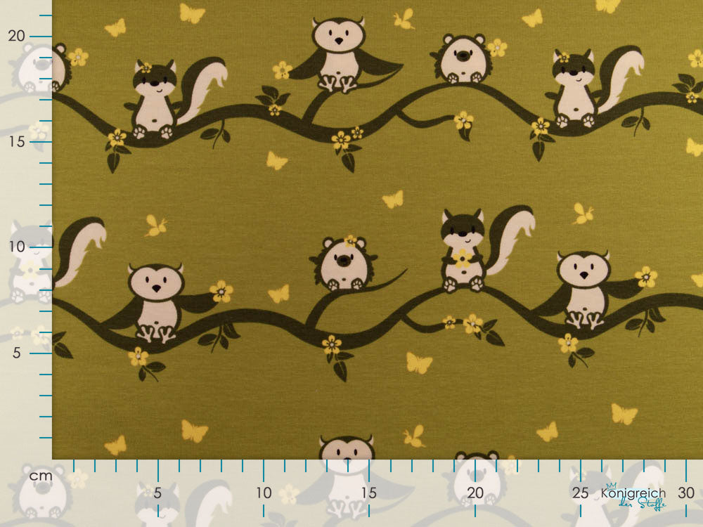 Jersey Polly - kleine Waldtiere auf Ästen - grün