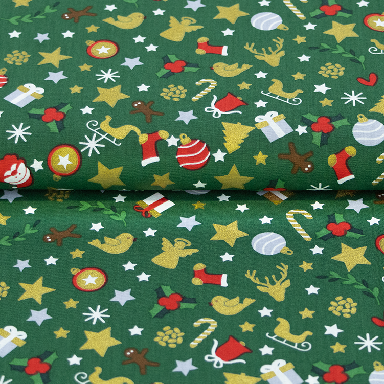 Webware Baumwolle Popeline mit Foliendruck - Zuckerstangen und Weihnachtsengel