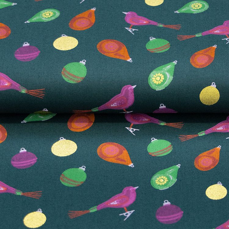 Webware Baumwolle Popeline mit Foliendruck - buntbemalte Weihnachtskugeln - marineblau