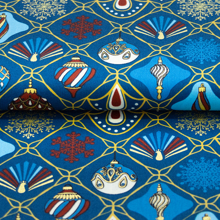 Webware Baumwolle Popeline mit Foliendruck - Weihnachtlicher Baumbehang und Eiskristalle - Marineblau