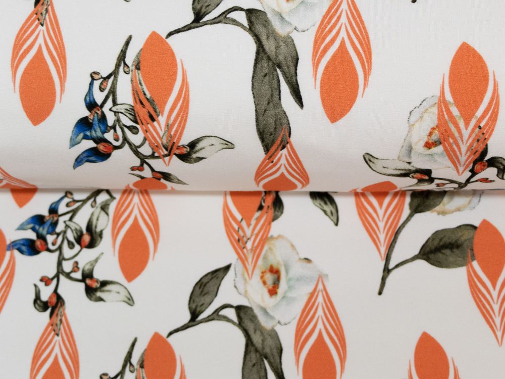 Webware Viskose - Federn und Zweige - weiß