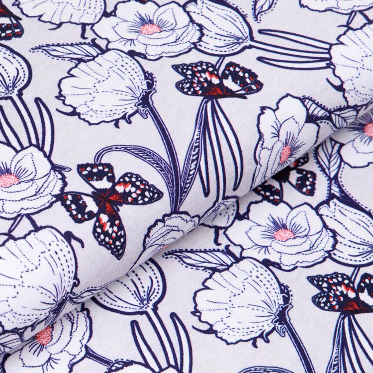 Jersey Fräulein von Julie - Mohnblumen und Schmetterlinge - beige