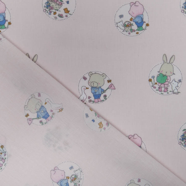 Webware Baumwolle Popeline - niedliche Tierkinder im Blumenkreis