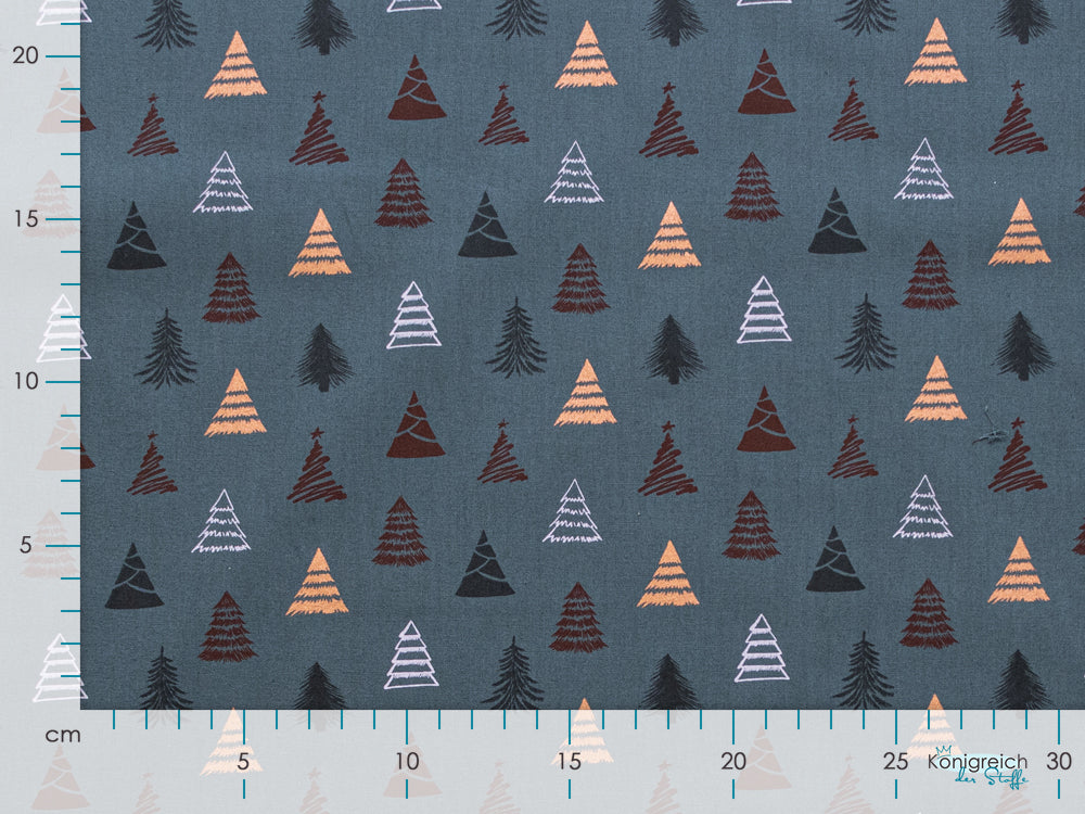 Webware Baumwolle Popeline mit Foliendruck - geschmückte Tannenbäume
