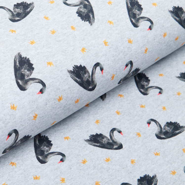 French Terry Digitaldruck - stolze Schwäne und Kronen - meliert grau