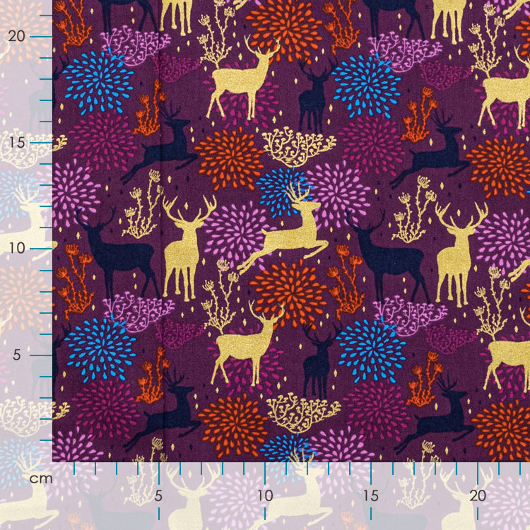 Webware Baumwolle Popeline mit Foliendruck - Rotwild im Wald - Magenta