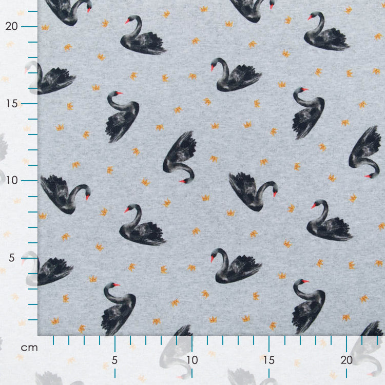 French Terry Digitaldruck - stolze Schwäne und Kronen - meliert grau