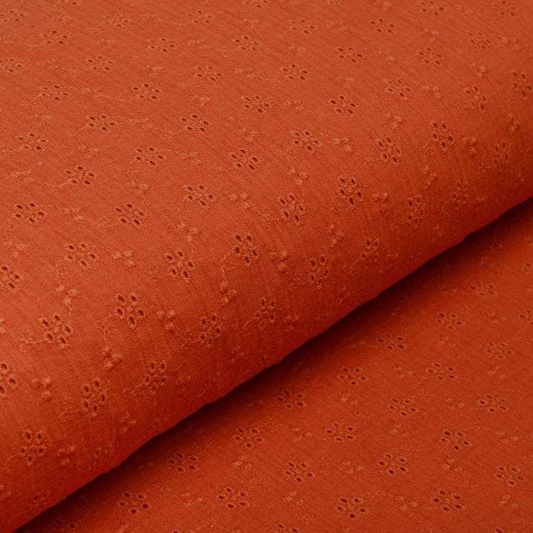 Webware Baumwolle Double Gauze mit Lochstickerei Broderie - Blumen - orange