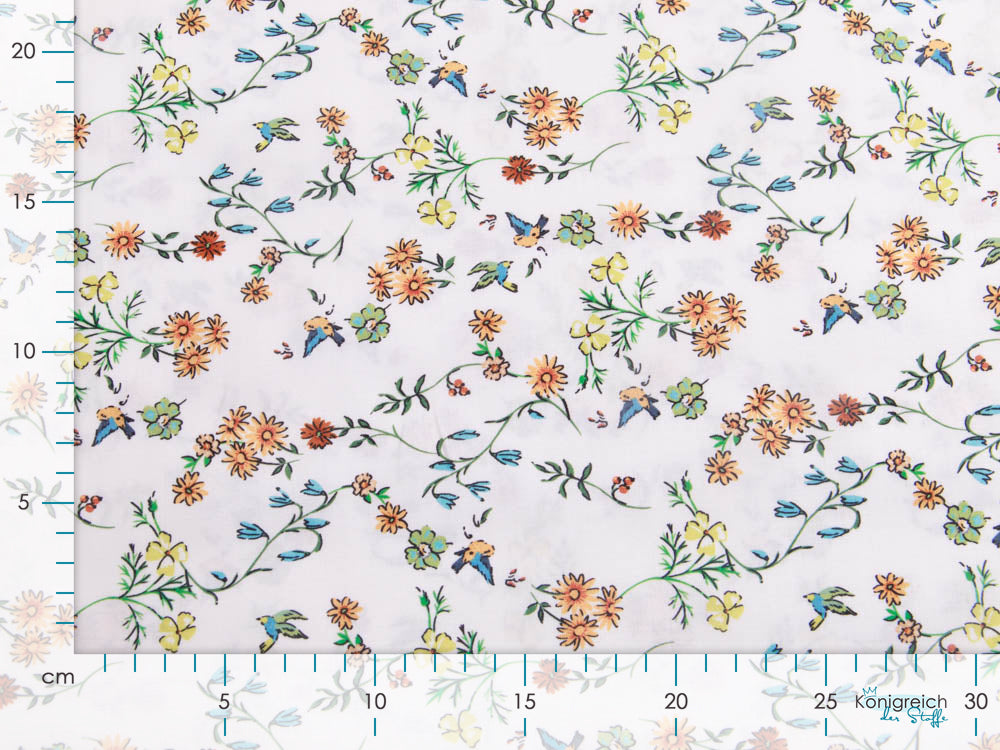 Webware Popeline Baumwolle Digitaldruck - Blumenranken und Vögel - weiß/orange