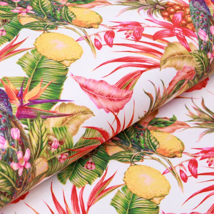 Jersey Digitalprint Stenzo - Pfauen und Zitronenbäumchen - weiß