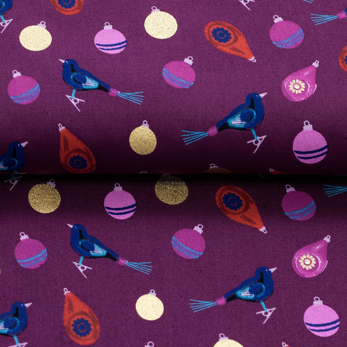 Webware Baumwolle Popeline mit Foliendruck - buntbemalte Weihnachtskugeln - marineblau