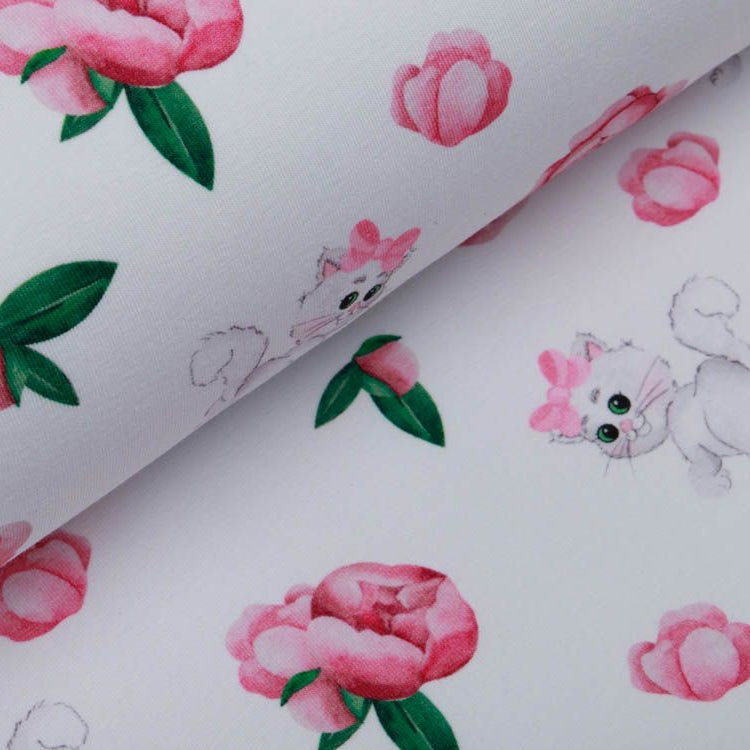 Jersey Digitaldruck Stenzo - süße Kätzchen und Blumen - weiß