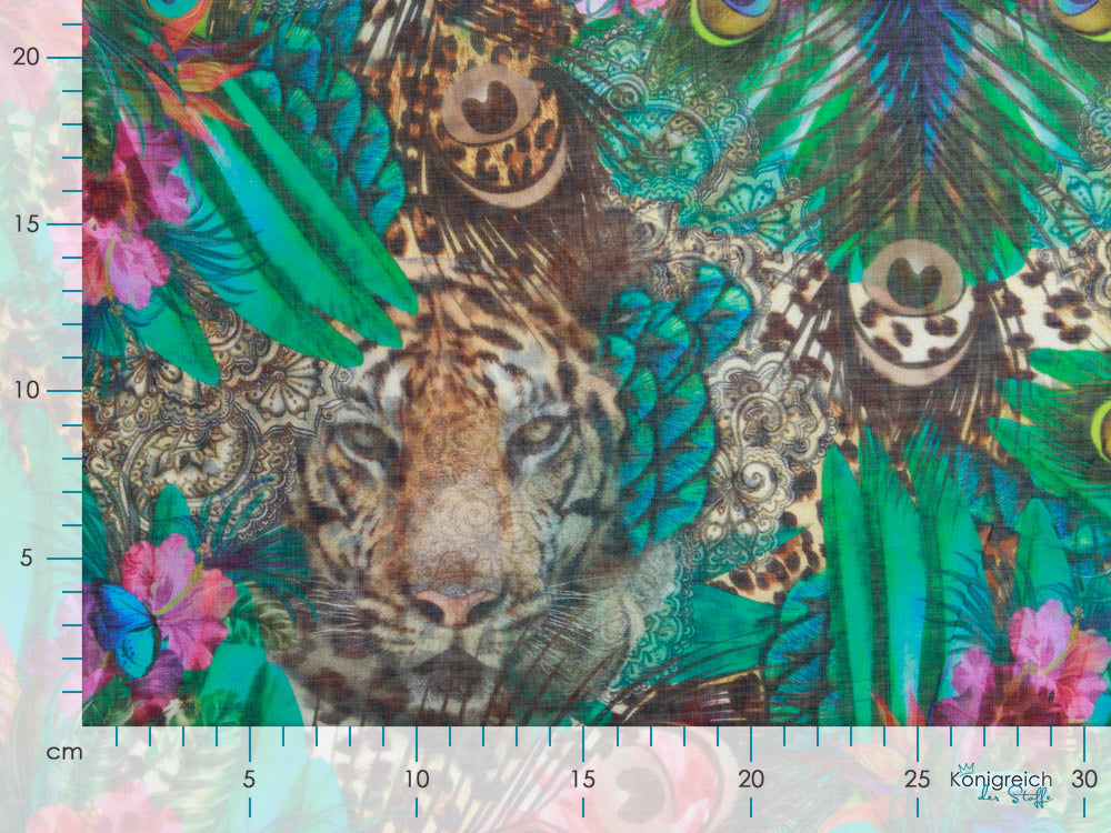 Webware Voile Kaftan für Kinder Digitaldruck Stenzo PANEL ca. 150 x 150 cm - Pfauenfedern und Tiger - grün