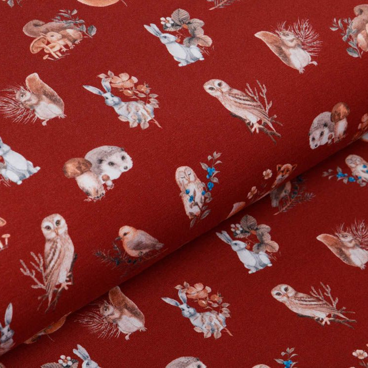 Jersey Digitaldruck Stenzo - Waldtiere auf Zweigen - terrakotta