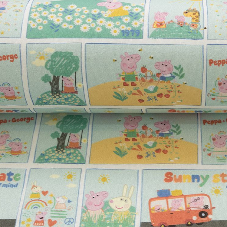 Webware Baumwolle Popeline Digitaldruck Peppa Pig - Peppa und George im Garten - pastellblau