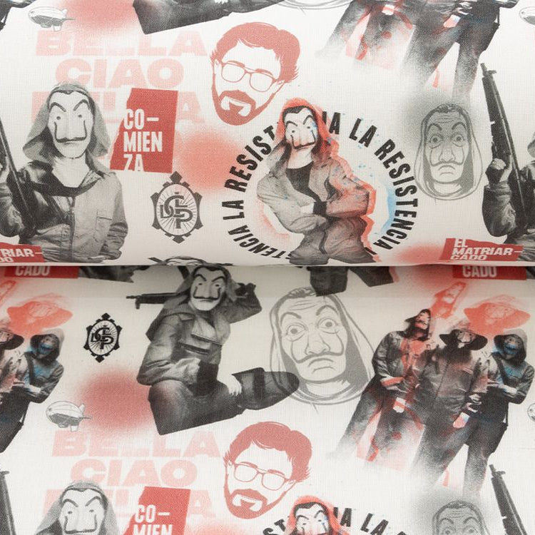 Webware Baumwolle Popeline Digitaldruck La Casa De Papel - El Professor und ein Team von Kriminellen - weiß