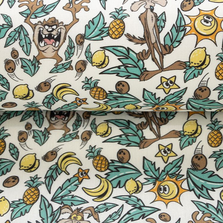 Webware Baumwolle Popeline Digitaldruck Tweety - Kojote und Taz im Blätterwald - weiß