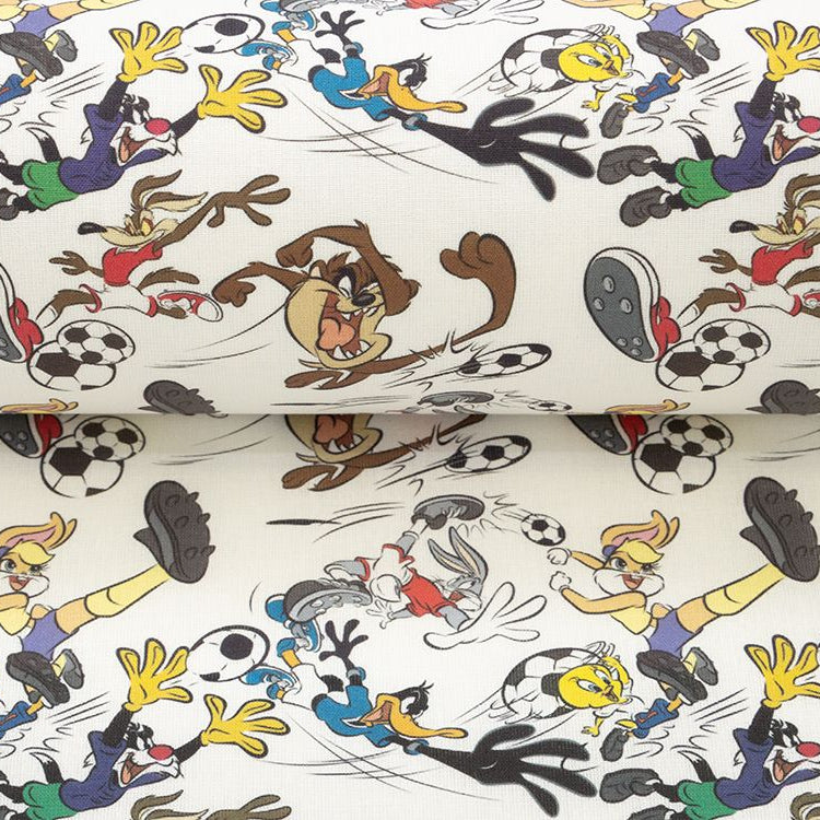 Webware Baumwolle Popeline Digitaldruck Looney Tunes - Bugs Bunny und Freunde spielen Fußball - weiß