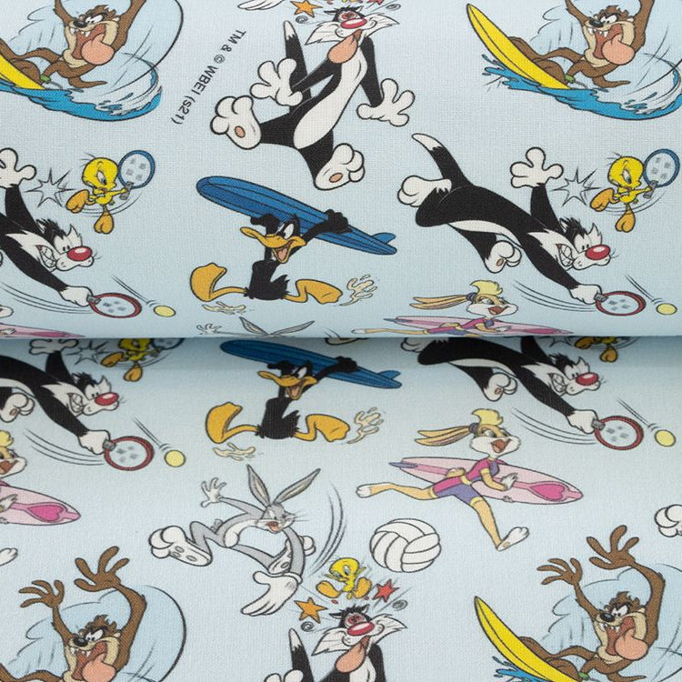 Webware Baumwolle Popeline Digitaldruck Looney Tunes - Bugs Bunny und Freunde beim Sport - pfirsich