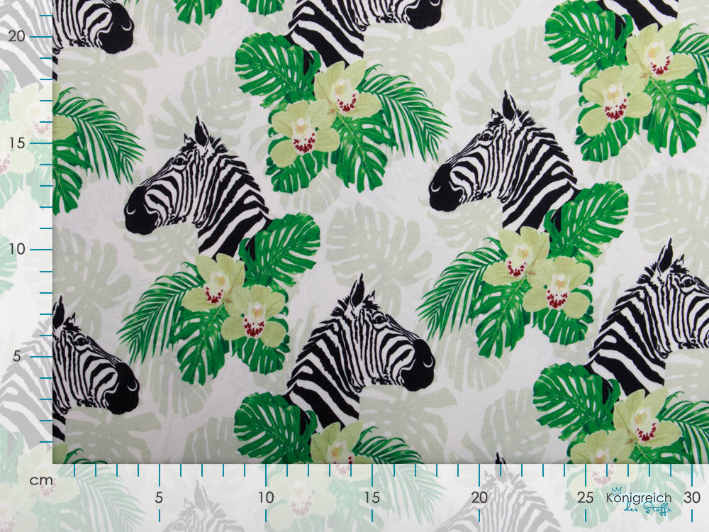 Jersey Digitaldruck - Zebras und Orchideen - weiß