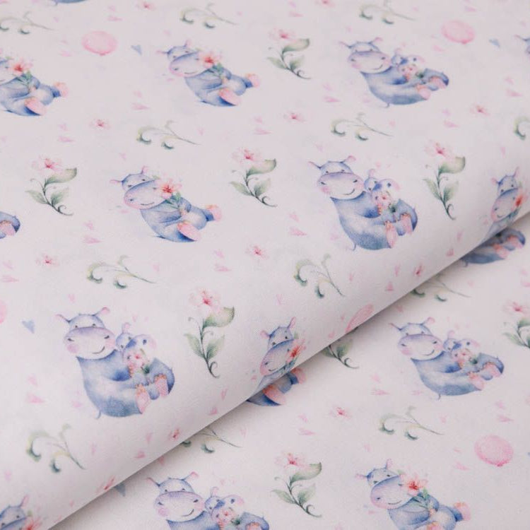 Webware Baumwolle Popeline Digitaldruck Aquarell - süße Hippos - wollweiß