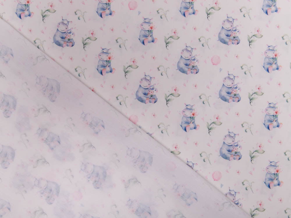 Webware Baumwolle Popeline Digitaldruck Aquarell - süße Hippos - wollweiß