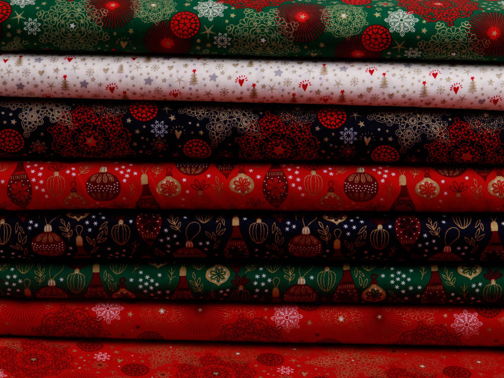 Webware Baumwolle Popeline mit Foliendruck - Weihnachtsbäume und Sterne