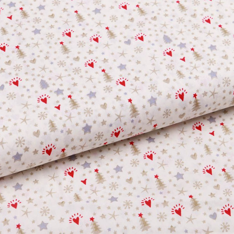 Webware Baumwolle Popeline mit Foliendruck - Weihnachtsbäume und Sterne