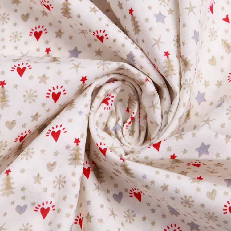 Webware Baumwolle Popeline mit Foliendruck - Weihnachtsbäume und Sterne