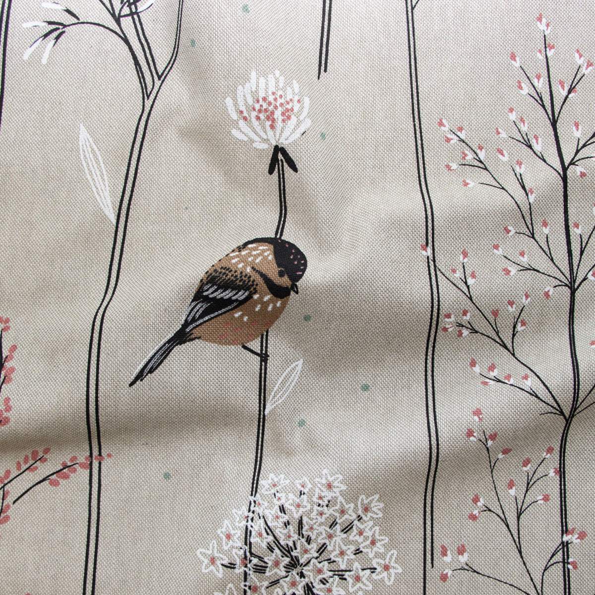 Dekostoff Half-Panama Leinenoptik - Blumen und Vögelchen - Natur