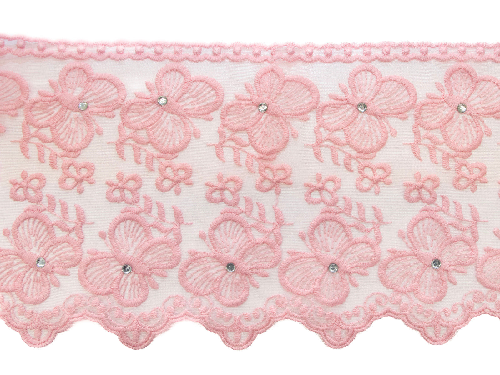 Spitze mit Strasssteinen - 15 cm breit - Schmetterlinge - rosa