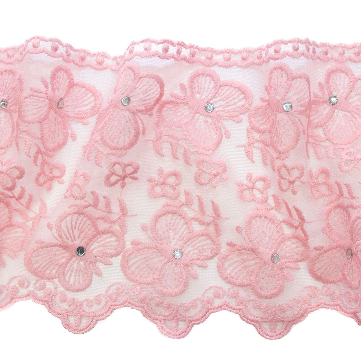 Spitze mit Strasssteinen - 15 cm breit - Schmetterlinge - rosa