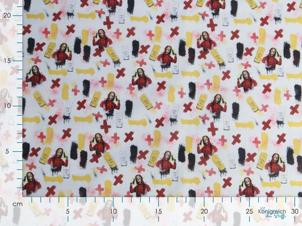 Webware Baumwolle Popeline Digitaldruck La Casa De Papel - Tokio, Rio und Co - weiß