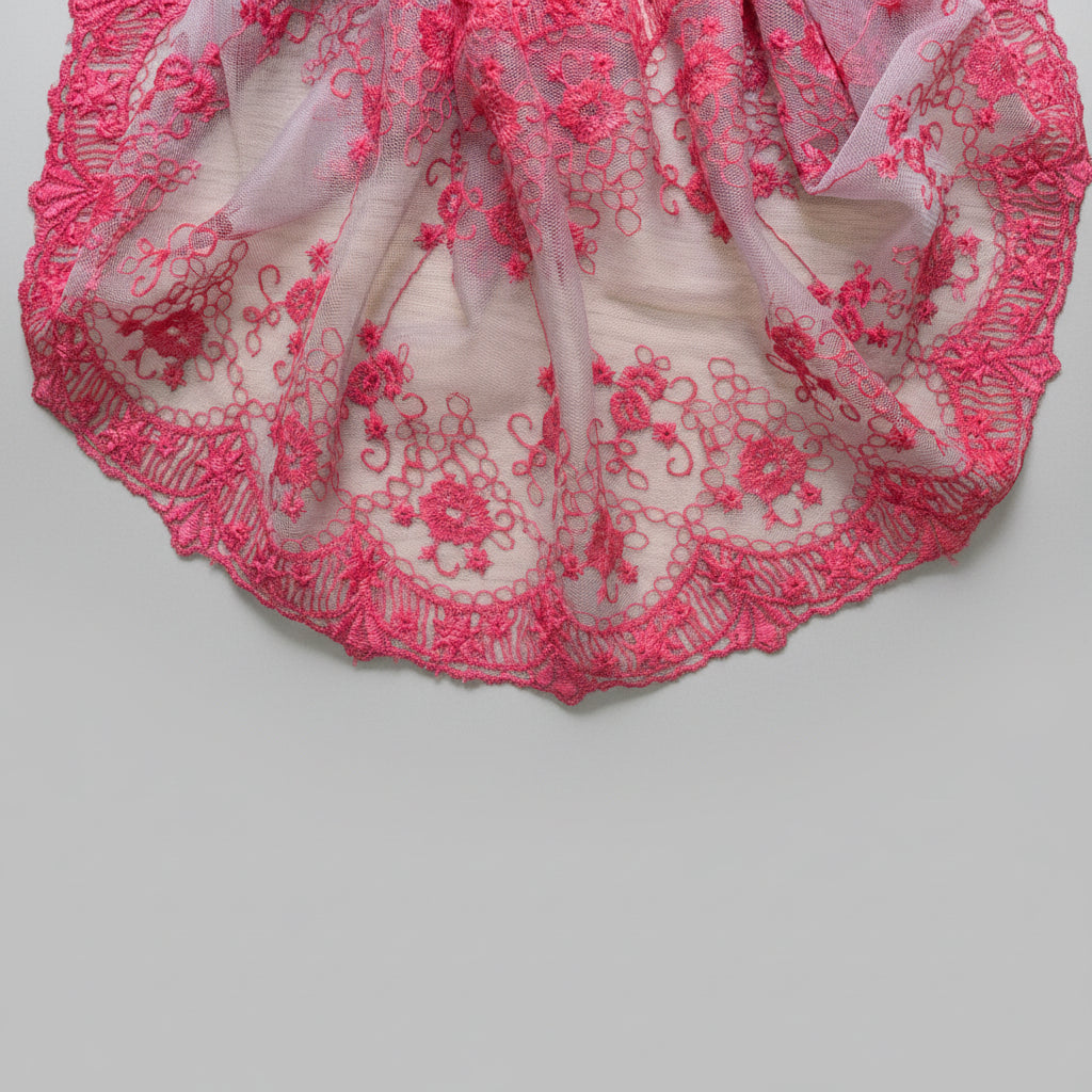 Spitzenband - 18 cm breit - Blumenranken - pink - grau
