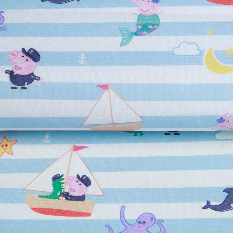 Webware Baumwolle Popeline Digitaldruck Peppa Pig - Peppa auf hoher See - weiß