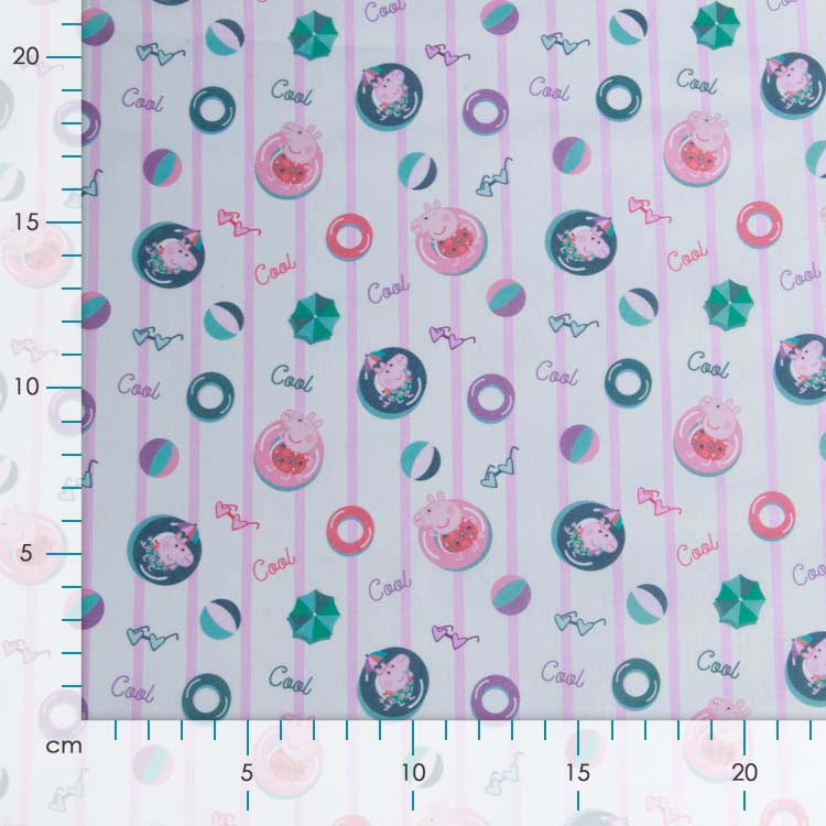 Webware Baumwolle Popeline Digitaldruck Peppa Pig - Peppa im Schwimmbad - weiß